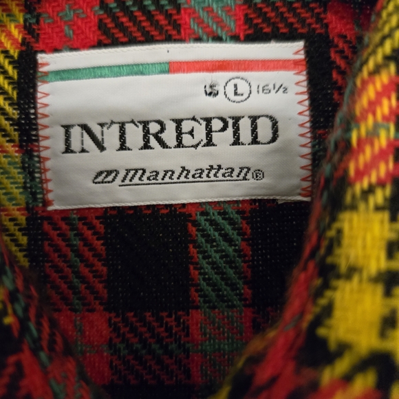 Vintage Intrepid Manhattan Plaid Flannel Shirt - Red, Yellow, Black, Green, Sz L - Picture 3 of 5